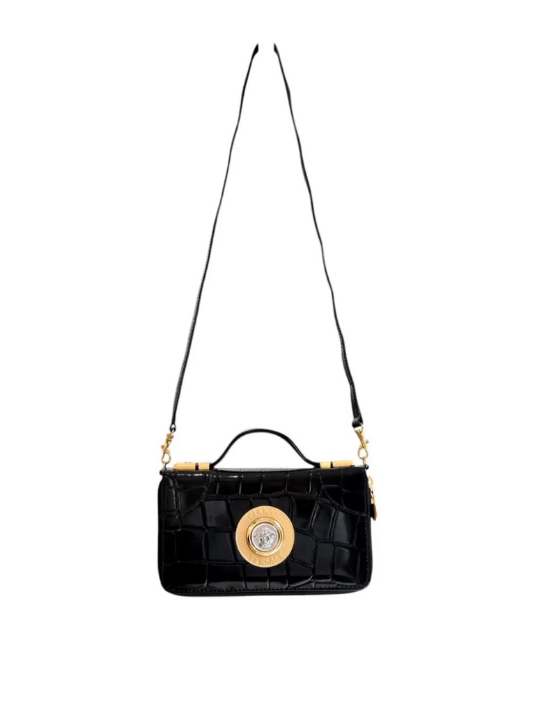 Gianni Versace Medusa Patent Croc Embossed Clutch Shoulder Wallet Black